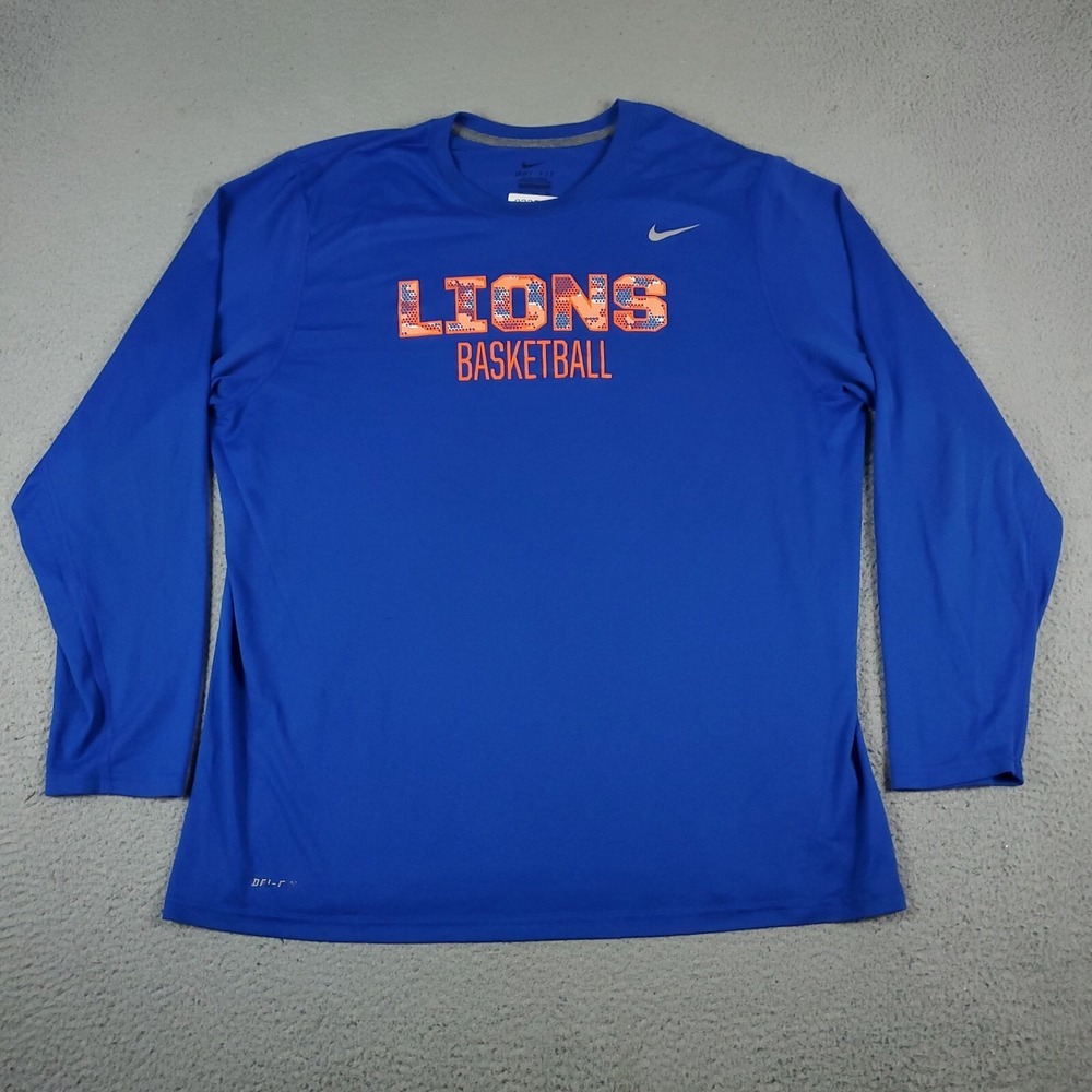 Nike T Shirt Mens 2XL Blue Lions Swoosh Running Active Work Out Long Sleeve